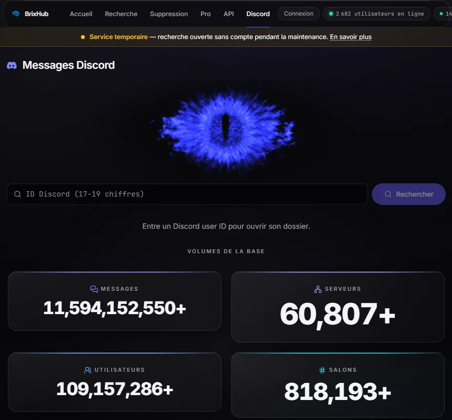 Capture d'écran de la recherche par identifiant Discord sur BrixHub et des volumes revendiqués