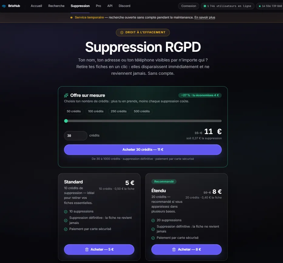 Capture d'écran de la page « Suppression RGPD » de BrixHub proposant des crédits de suppression payants