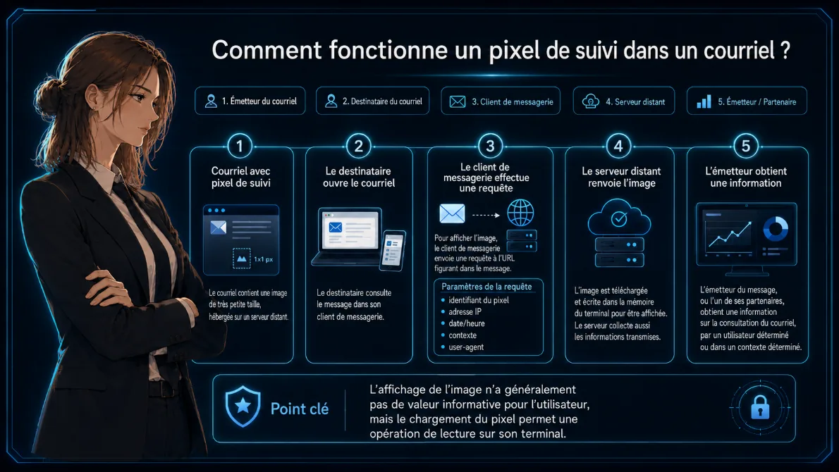 Schéma explicatif du fonctionnement d'un pixel de suivi dans un courriel